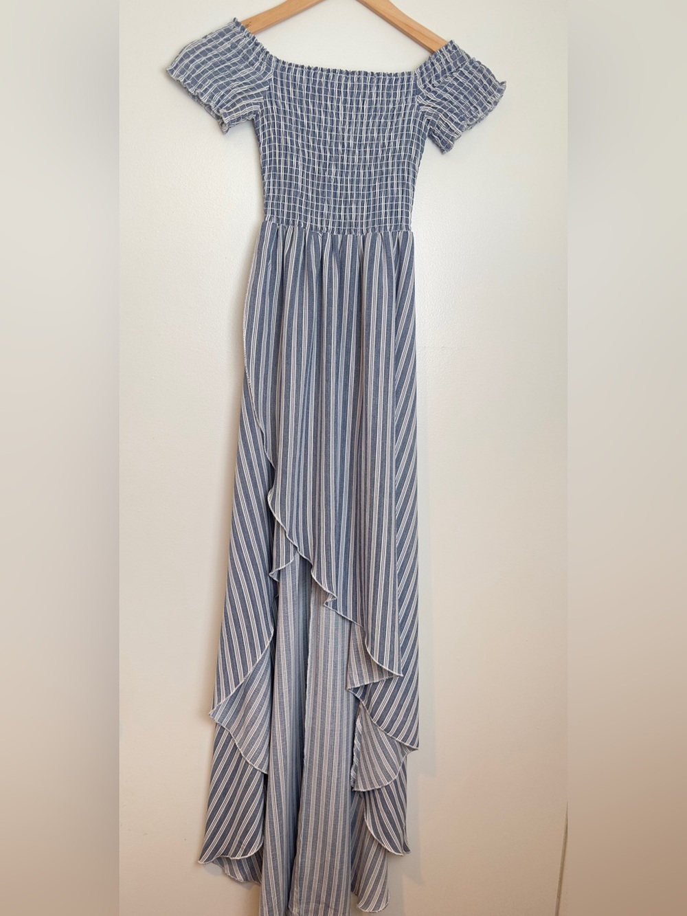 Show Me Your Mumu- Coastal Blue Striped Off-Shoulder Maxi Dress
